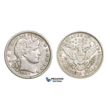AA723, United States, Barber Quarter (25C) 1912, Philadelphia, Silver, White XF-AU