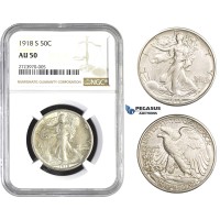 AA724, United States, Walking Liberty Half Dollar (50C) 1918-S, San Francisco, Silver, NGC AU50