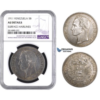 AA725, Venezuela, 5 Bolivares 1911, Paris, Silver, NGC AU Det.