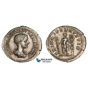 AA756, Roman Empire, Diadumenian Caesar (217-218 AD) AR Denarius (3.28g) Rome, Prince between standards