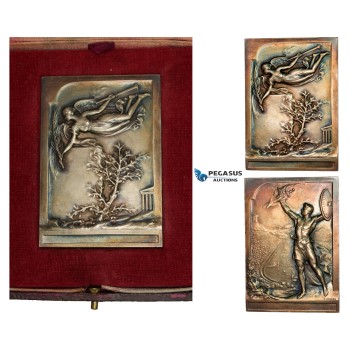 AA767, France, Silvered Bronze Art Nouveau Plaque Medal 1906 (70x50mm, 98g) by Vannier, Athens Intermediary Olympic Games