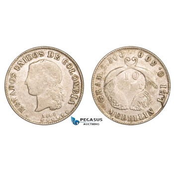 AA805, Colombia, 10 Centavos 1885, Medellin, Silver, aVF