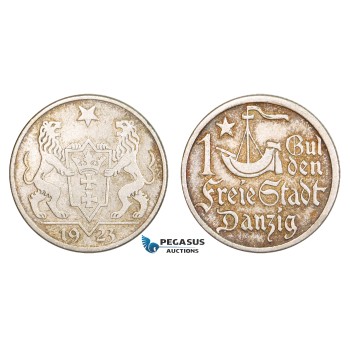 AA814, Poland, Danzig, 1 Gulden 1923, Berlin, Silver, Toned AU (Small scratch)