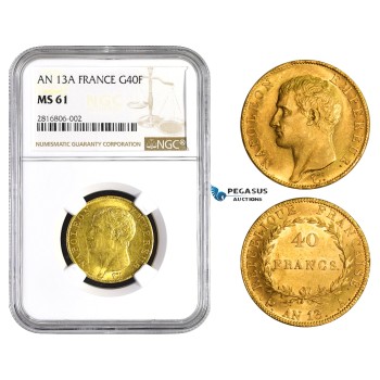 AA821, France, Napoleon, 40 Francs AN 13-A, Paris, Gold, NGC MS61 (Better in hand)