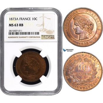 AA835, France, Third Republic, 10 Centimes 1873-A, Paris, NGC MS63RB