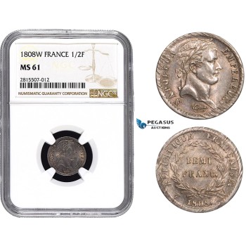 AA836, France, Napoleon I, Demi (1/2) Franc 1808-W, Lille, Silver, NGC MS61, Pop 1/0