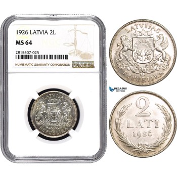 AA849, Latvia, 2 Lati 1926, Silver, NGC MS64