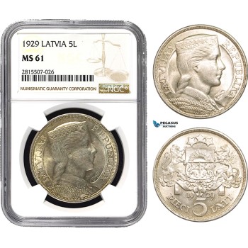 AA850, Latvia, 5 Lati 1929, Silver, NGC MS61