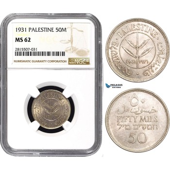 AA855, Palestine, 50 Mils 1931, London, Silver, NGC MS62, Very Rare!