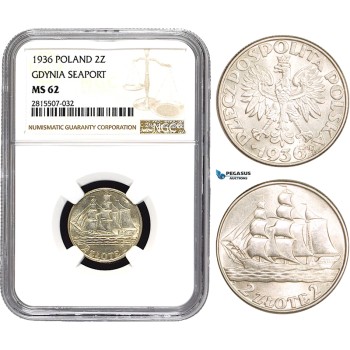 AA857, Poland, 2 Zlote 1936 (Gdynia Seaport) Silver, NGC MS62