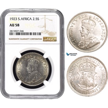 AA870, South Africa, George V, 2 1/2 Shillings 1923, Pretoria, Silver, NGC AU58