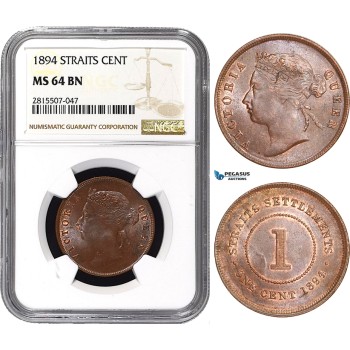 AA871, Straits Settlements, Victoria, 1 Cent 1894, NGC MS64BN, Pop 1/0, Finest! Rare!