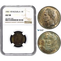 AA875, Venezuela, 1 Bolivar 1901, Paris, Silver, NGC AU58 AA875, Venezuela, 1 Bolivar 1901, Paris, Silver, NGC AU58