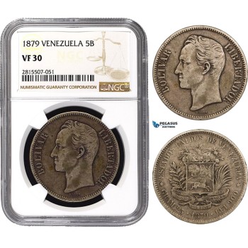 AA876-R, Venezuela, 5 Bolivares 1879, Brussels, Silver, NGC VF30, Rare!