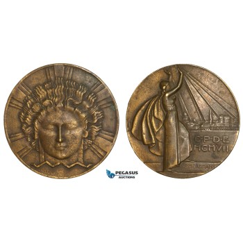 AA879, France, Bronze Art Deco Medal 1907 (Ø64mm, 120g) by Dammann, Electricity Company