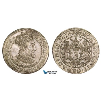 AA892, Poland, Danzig, Sigismund III, Ort (1/4 Taler) 1616-SA, Silver (6.39g) Lustrous, AU-UNC