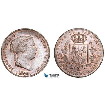 AA893, Spain, Isabella II, 25 Centimos de Real 1864, Segovia, Ch Red Brown UNC
