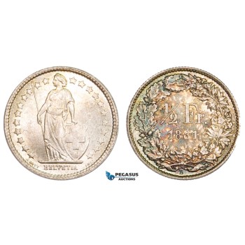 AA895, Switzerland, 1/2 Franc 1881-B, Bern, Silver, Toned UNC