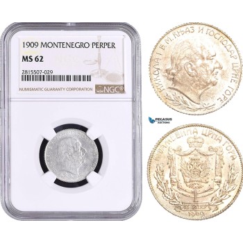 AA899, Montenegro, Nicholas I, 1 Perper 1909, Silver, NGC MS62, Pop 1/1