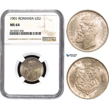 AA903, Romania, Carol I, 1 Leu 1901, Hamburg, Silver, NGC MS64