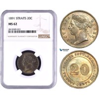 AA905, Straits Settlements, Victoria, 20 Cents 1891, Silver, NGC MS62