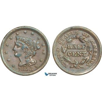 AA906, United States, Braided Hair Half Cent 1853, Philadelphia, XF-AU