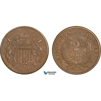 AA909, United States, Shield 2 Cents 1864, Philadelphia, Brown AU-UNC
