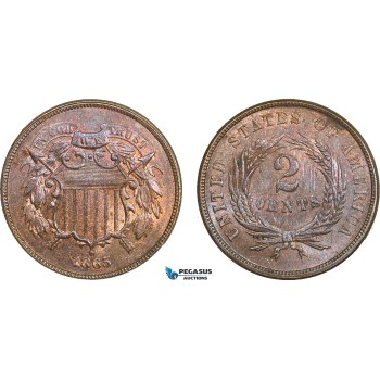 AA910, United States, Shield 2 Cents 1865, Philadelphia, Red Brown UNC (Hairlines)