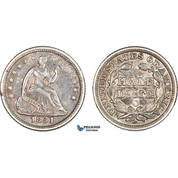 AA911, United States, Liberty Seated Half Dime (5C) 1851-O, New Orleans, Silver, Toned XF-AU