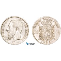AA913, Belgium, Leopold II, 50 Centimes 1881, Brussels, Silver, Minor edge nick, XF