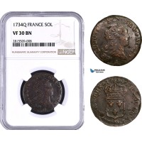 AA932, France, Louis XV, Sol 1734 Q, Perpignan, NGC VF30BN, Very Rare, Top Pop! 