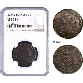 AA932, France, Louis XV, Sol 1734 Q, Perpignan, NGC VF30BN, Very Rare, Top Pop!