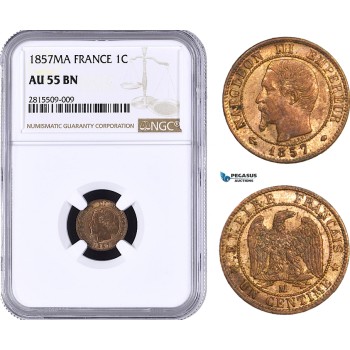 AA933, France, Napoleon III, 1 Centime 1857-MA, Marseilles, NGC AU55BN