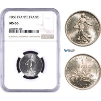 AA934, France, Fifth Republic, 1 Franc 1960 "Large 0" Paris, NGC MS66, Top Pop
