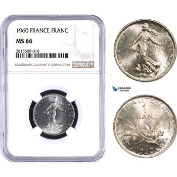 AA934, France, Fifth Republic, 1 Franc 1960 Large 0 Paris, NGC MS66, Top Pop