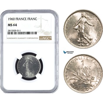 AA935, France, Fifth Republic, 1 Franc 1960, Paris, NGC MS64
