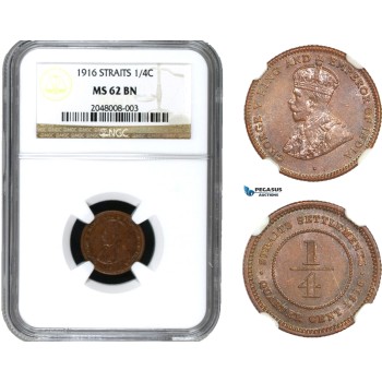 AA951, Straits Settlements, George V, 1/4 Cent 1916, NGC MS62BN