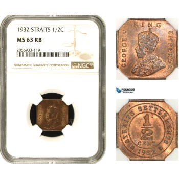 AA952, Straits Settlements, George V, 1/2 Cent 1932, NGC MS63RB