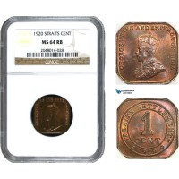 AA955, Straits Settlements, George V, 1 Cent 1920, NGC MS64RB