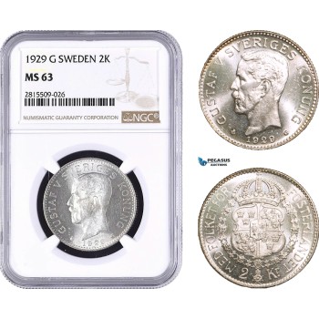 AA960, Sweden, Gustaf V, 2 Kronor 1929 G, Stockholm, Silver, NGC MS63