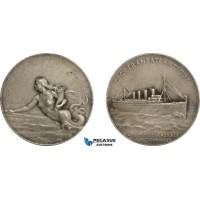 AA971, France, Silvered Bronze Art Nouveau Medal c. 1900 (Ø42mm, 26g) by Patriarche, Mermaid, Transatlantique