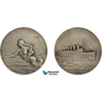 AA971, France, Silvered Bronze Art Nouveau Medal c. 1900 (Ø42mm, 26g) by Patriarche, Mermaid, Transatlantique