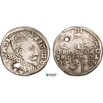 AB003, Lithuania, Sigismund III of Poland, 3 Groschen (Trojak) 1599 Swan, Vilnius, Silver (2.00g) Pierced, F-VF, Rare!