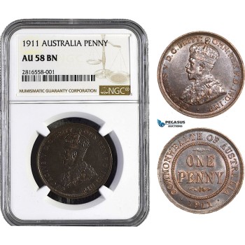 AB010, Australia, George V, Penny 1911, London, NGC AU58