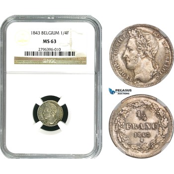 AB011, Belgium, Leopold I, 1/4 Franc 1843, Brussels, Silver, NGC MS63