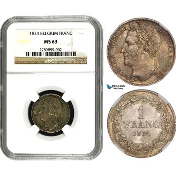 AB012, Belgium, Leopold I, 1 Franc 1834, Brussels, Silver, NGC MS63