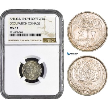 AB017, Egypt, Occupation coinage, 2 Piastres 1917-H, Heaton, Silver, NGC MS63