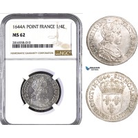 AB022, France, Louis XIV, 1/4 Ecu 1644-A (Point) Paris, Silver, NGC MS62, Pop 1/0