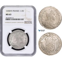 AB023, France, Louis XIV, 1/2 Ecu 1650 (9) Rennes, Silver, NGC MS63, Pop 1/0