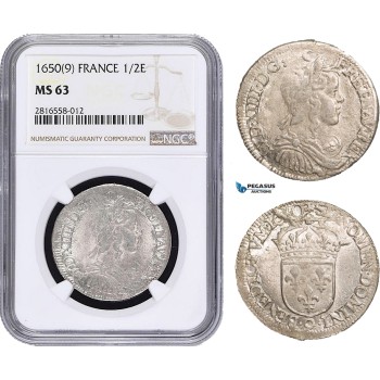 AB023, France, Louis XIV, 1/2 Ecu 1650 (9) Rennes, Silver, NGC MS63, Pop 1/0